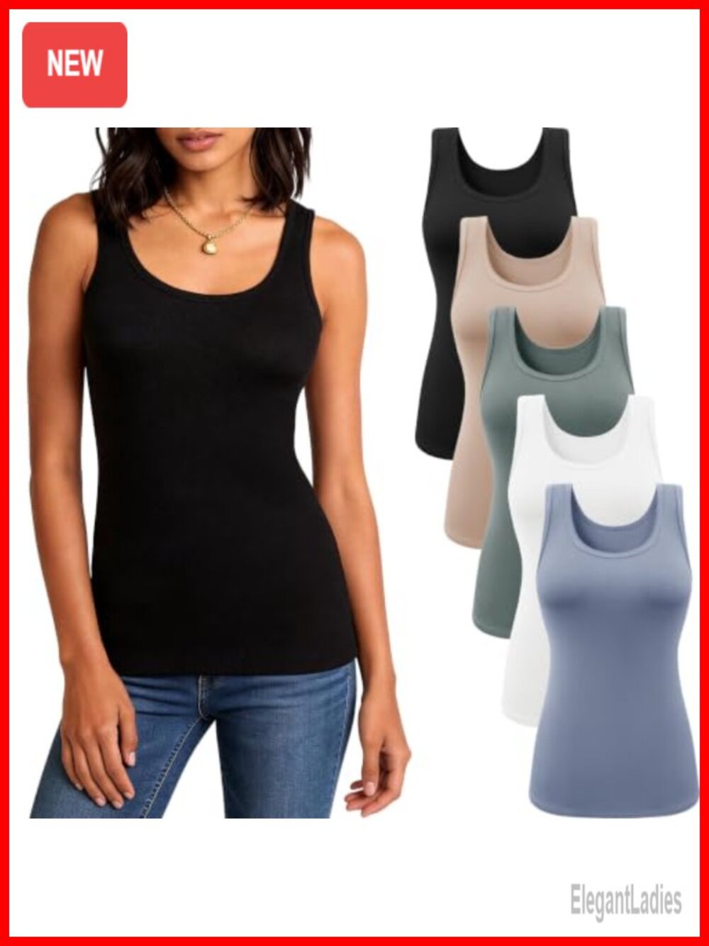 5 Pack Women's Ribbed Scoop Neck Tank Tops Slim Fit Sleeveless Layering